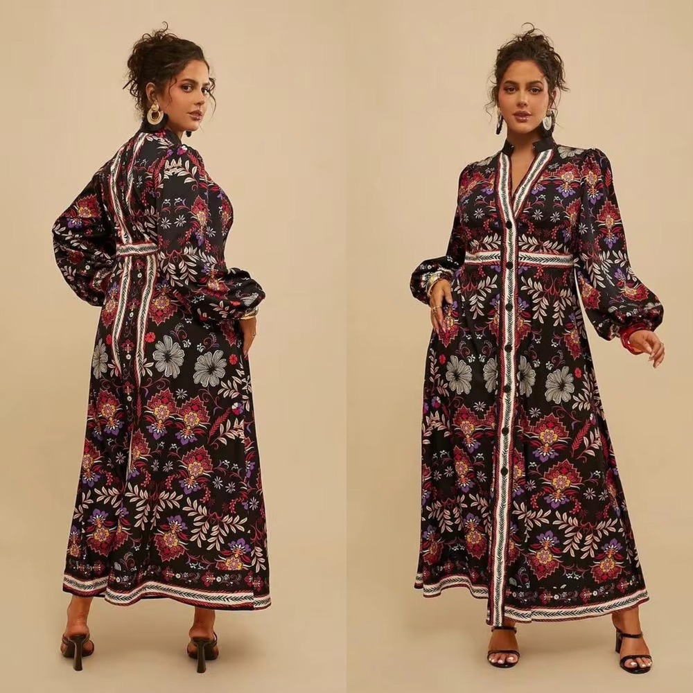 SHEIN Curve Dress Colorful Floral Button-Up Maxi Eclectic Long Sleeve Size 2XL